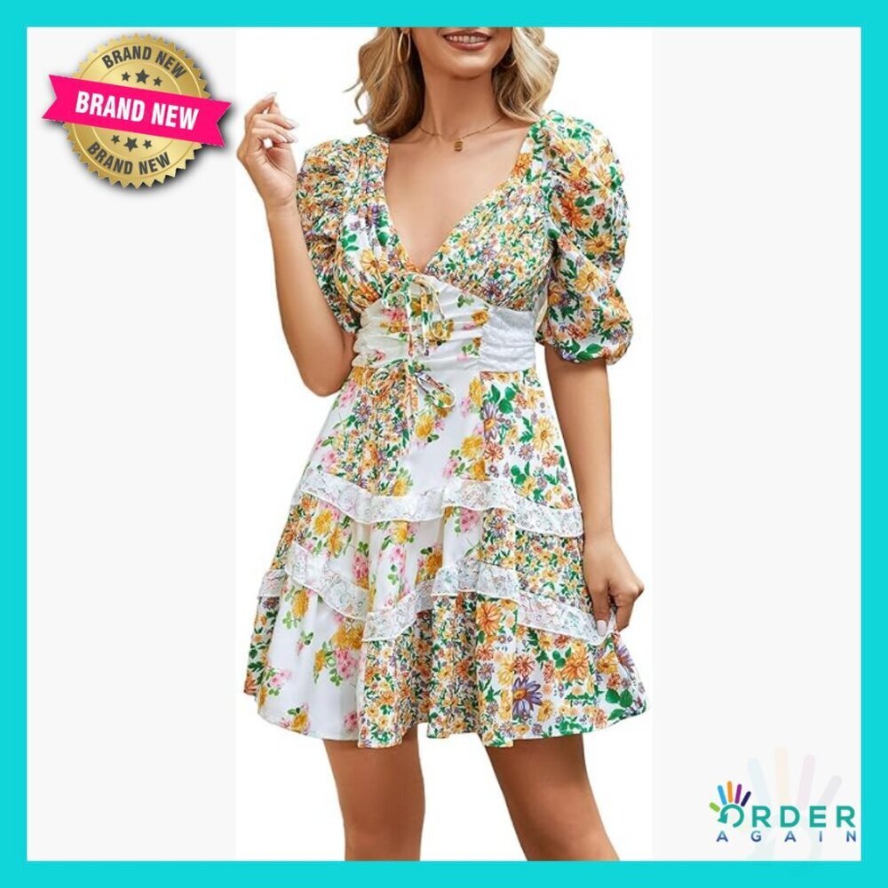 V-Neck Puff Sleeve Mini Dress Flowy Fit & Flare Sundress Retro Chic
